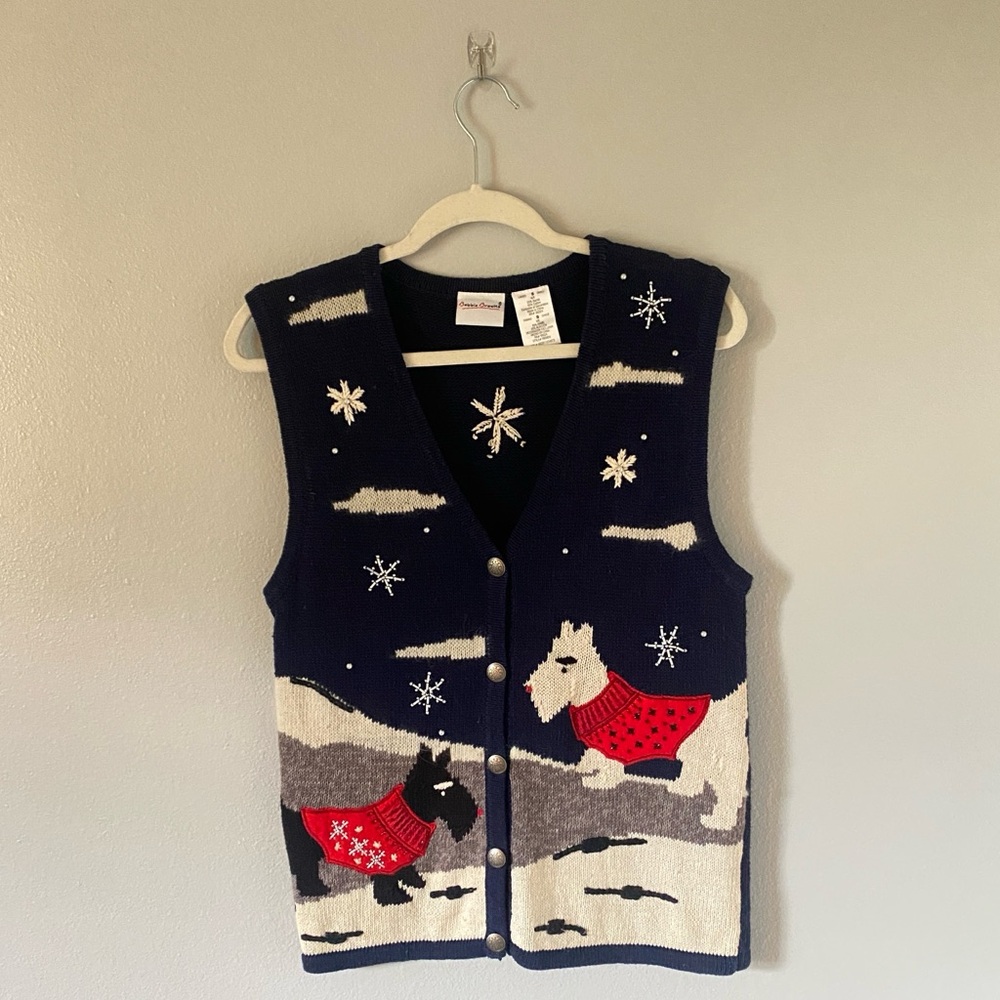 Bobbie Brooks navy novelty sweater vest size S Scottish terrier Scotty holiday